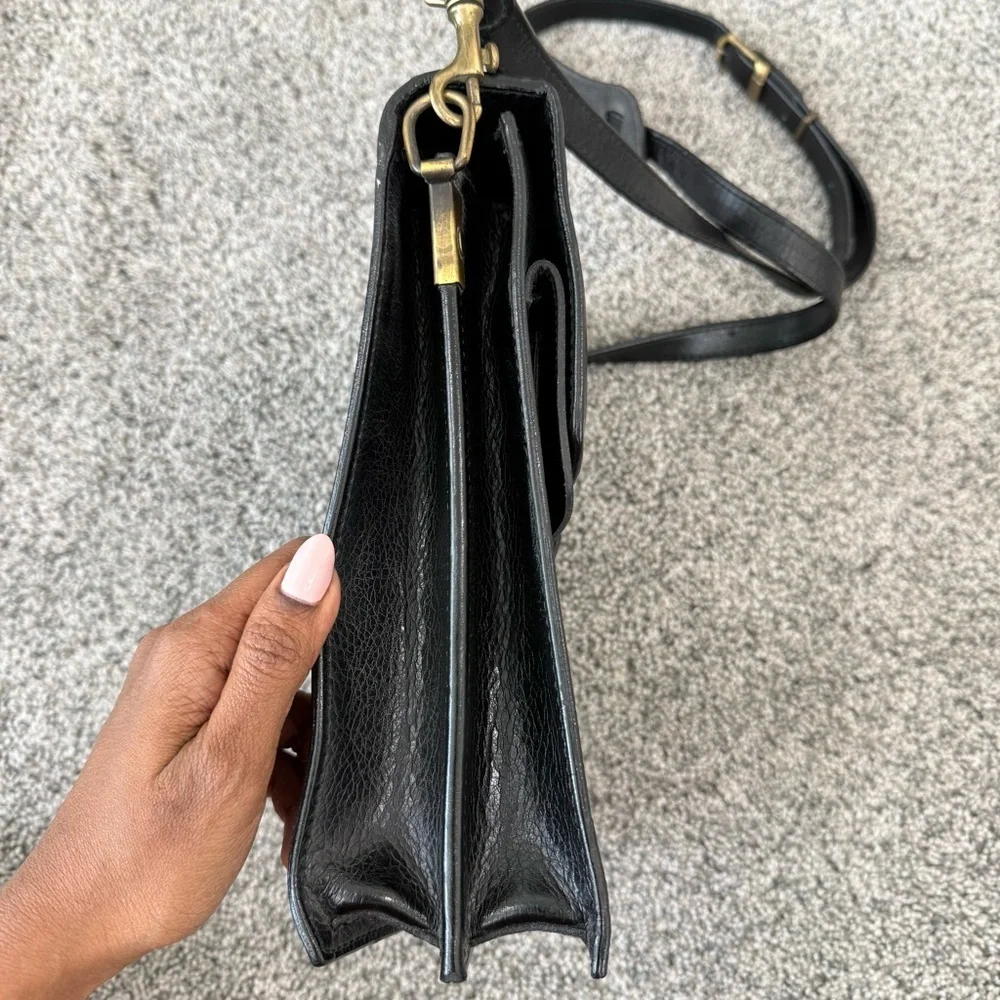 Vintage Texier Black Leather Top Handle Crossbody Bag Flap With Key Unisex